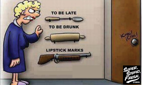 funny, cartoon, husband, coming home late, drunk, lipstick marks, cheating, shotgun, superstupidfresh.com,