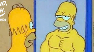 Homer Simpson in the mirror after one day at the gym. muscle flex